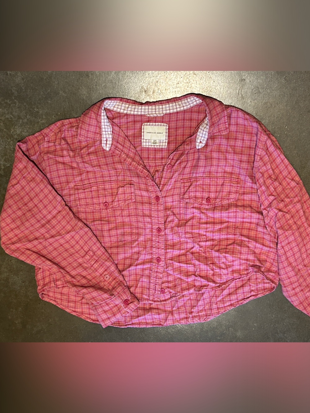 American Eagle Outfitters Pink Plaid Boxy Button-Down Shirt - Women L